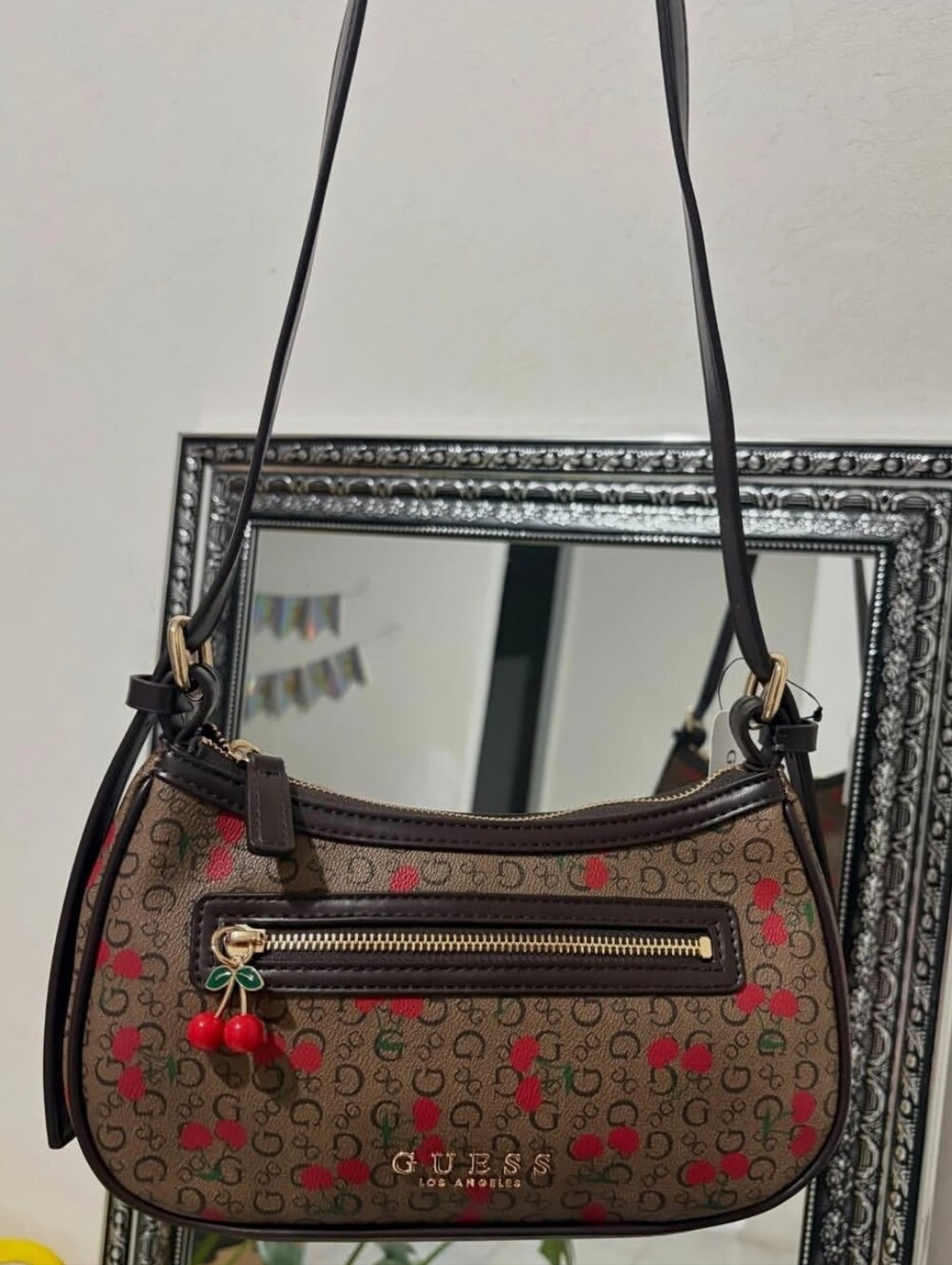 GUESS Brown Cherry-Print Logo Shoulder Bag with Red Accents